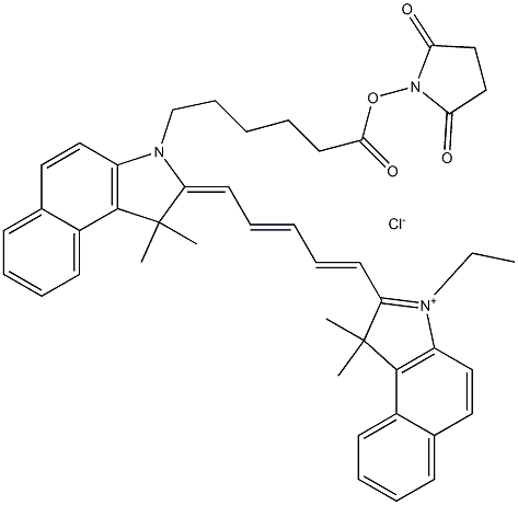 2-((1E,3E,5E)-5-(3-(6-(2,5-Dioxopyrrolidin-1-yloxy)-6-oxohexyl)-1,1-diMethyl-1H-benzo[e]indol-2(3H)-ylidene)penta-1,3-dienyl)-3-ethyl-1,1-diMethyl-1H-benzo[e]indoliuM chloride Struktur