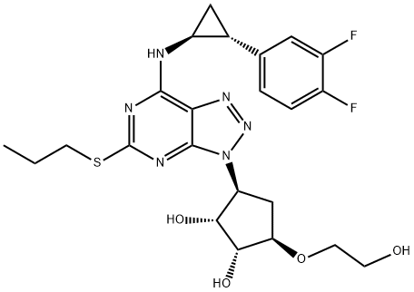 (1R,2R,3S,5R)-3-(7-((1S,2R)-2-(3,4-difluorophenyl)cyclopropylaMino)-5-(propylthio)-3H-[1,2,3]triazolo[4,5-d]pyriMidin-3-yl)-5-(2-hydroxyethoxy)cyclopentane-1,2-diol 化学構造式