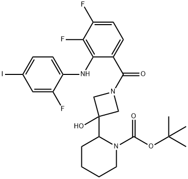 2-(1-(3,4-二氟-2-((2-氟-4-碘苯基)氨基)苯甲酰基)-3-羟基氮杂环丁烷-3-基)哌啶-1-甲酸叔丁酯,1415559-49-7,结构式