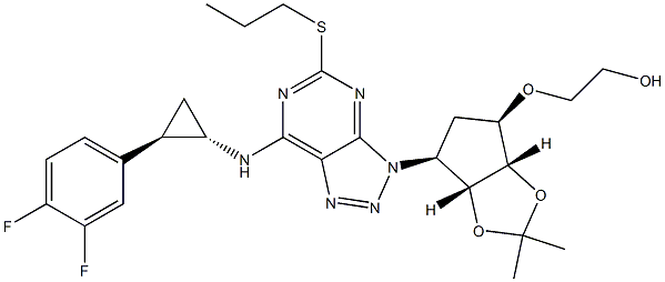 2-(((3aS,4R,6S,6aR)-6-(7-(((1S,2R)-2-(3,4-difluorophenyl)cyclopropyl)aMino)-5-(propylthio)-3H-[1,2,3]triazolo[4,5-d]pyriMidin-3-yl)-2,2-diMethyltetrahydro-3aH-cyclopenta[d][1,3]dioxol-4-yl)oxy)ethanol 结构式