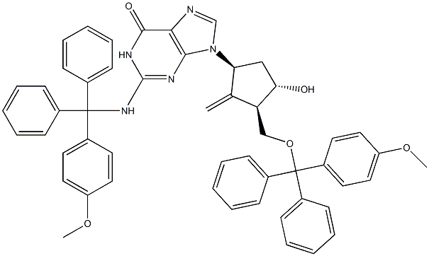 9-((1S,3R,4S)-4-Hydroxy-3-(((4-Methoxyphenyl)diphenylMethoxy)Methyl)-2-Methylenecyclopentyl)-2-(((4-Methoxyphenyl)diphenylMethyl)aMino)-1H-purin-6(9H)-one Struktur