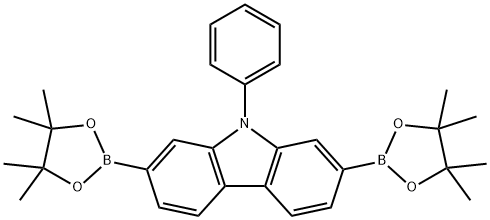 9-フェニル-2,7-ビス(4,4,5,5-テトラメチル-1,3,2-ジオキサボロラン-2-イル)-9H-カルバゾール 化学構造式
