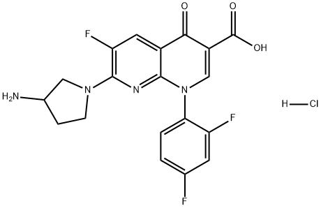 1,8-Naphthyridine-3-carboxylic acid, 7-(3-amino-1-pyrrolidinyl)-1-(2,4-difluorophenyl)-6-fluoro-1,4-dihydro-4-oxo-, hydrochloride (1:1) Structure