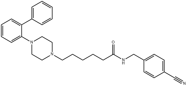 N-(4-シアノフェニルメチル)-1-[4-(1,1′-ビフェニル-2-イル)ピペラジン]ヘキサンアミド 化学構造式