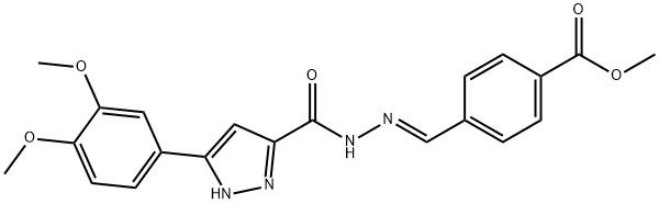 methyl (E)-4-((2-(3-(3,4-dimethoxyphenyl)-1H-pyrazole-5-carbonyl)hydrazono)methyl)benzoate Struktur