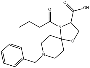 8-ベンジル-4-ブタノイル-1-オキサ-4,8-ジアザスピロ[4.5]デカン-3-カルボン酸 化学構造式