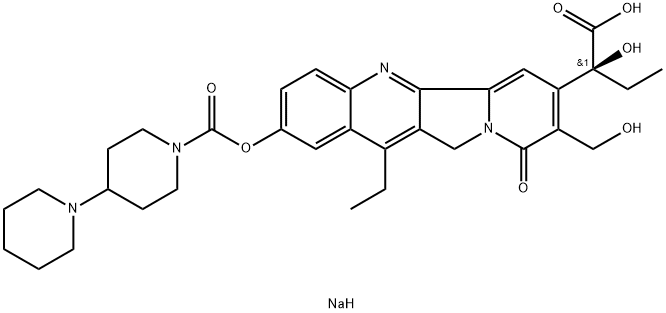 sodium:(2S)-2-[12-ethyl-8-(hydroxymethyl)-9-oxo-2-(4-piperidin-1-ylpiperidine-1-carbonyl)oxy-11H-indolizino[1,2-b]quinolin-7-yl]-2-hydroxybutanoate 化学構造式