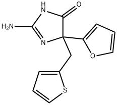 2-amino-5-(furan-2-yl)-5-[(thiophen-2-yl)methyl]-4,5-dihydro-1H-imidazol-4-one Struktur