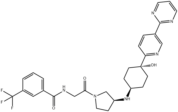 Benzamide, N-[2-[(3S)-3-[[cis-4-hydroxy-4-[5-(2-pyrimidinyl)-2-pyridinyl]cyclohexyl]amino]-1-pyrrolidinyl]-2-oxoethyl]-3-(trifluoromethyl)- 化学構造式