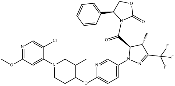 (4S)-3-((4S,5R)-1-(6-((1-(5-氯-2-甲氧基吡啶-4-基)-3-甲基哌啶-4-基)氧基)吡啶-3-基)-4-甲基-3-(三氟甲基)-4,5-二氢-1H-吡唑-5-甲酰基)-4-苯基恶唑烷-2-酮, 1610563-78-4, 结构式