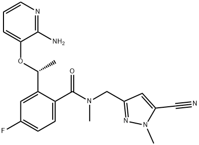 (R)-2-(1-(2-aminopyridin-3-yloxy)ethyl)-N-((5-cyano-1-methyl-1H-pyrazol-3-yl)methyl)-4-fluoro-N-methylbenzamide Struktur