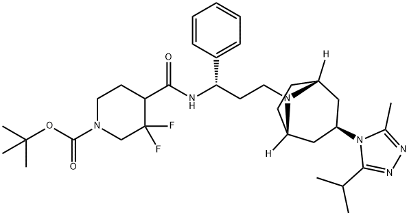 tert-butyl 3,3-difluoro-4-((S)-3-((1S,3R,5R)-3-(3-isopropyl-5-methyl-4H-1,2,4-triazol-4-yl)-8-aza-bicyclo[3.2.1]octan-8-yl)-1-phenylpropylcarbamoyl)piperidine-1-carboxylate,1673575-90-0,结构式
