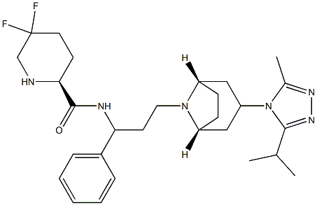 5,5-difluoro-N-((S)-3-((1S,3R,5R)-3-(3-isopropyl-5-methyl-4H-1,2,4-triazol-4-yl)-8-aza-bicyclo[3.2.1]octan-8-yl)-1-phenylpropyl)piperidine-2-carboxamide Struktur
