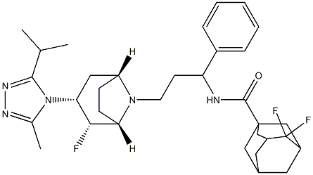 4,4-difluoro-N-((S)-3-((1S,3R,5R)-2-fluoro-3-(3-isopropyl-5-methyl-4H-1,2,4-triazol-4-yl)-8-aza-bicyclo[3.2.1]octan-8-yl)-1-phenylpropyl)adamantanecarboxamide 化学構造式