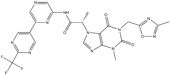(S)-2-(3-methyl-1-((3-methyl-1,2,4-oxadiazol-5-yl)methyl)-2,6-dioxo-2,3-dihydro-1H-purin-7(6H)-yl)-N-(6-(2-(trifluoromethyl)pyrimidin-5-yl)pyrazin-2-yl)propanamide,1889218-87-4,结构式