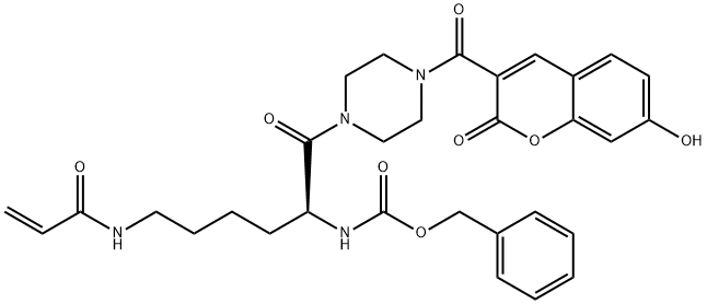 (S)-benzyl (6-acrylamido-1-(4-(7-hydroxy-2-oxo-2H-chromene-3-carbonyl)piperazin-1-yl)-1-oxohexan-2-yl)carbamate Struktur