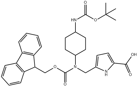 5-(((((9H-fluoren-9-yl)methoxy)carbonyl)(4-((tert-butoxycarbonyl)amino)cyclohexyl)amino)methyl)-1H-pyrrole-2-carboxylic acid Structure