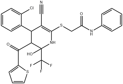 2-((4-(2-chlorophenyl)-3-cyano-6-hydroxy-5-(thiophene-2-carbonyl)-6-(trifluoromethyl)-1,4,5,6-tetrahydropyridin-2-yl)thio)-N-phenylacetamide Structure