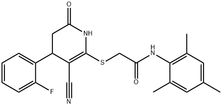 2-((3-cyano-4-(2-fluorophenyl)-6-oxo-1,4,5,6-tetrahydropyridin-2-yl)thio)-N-mesitylacetamide Struktur