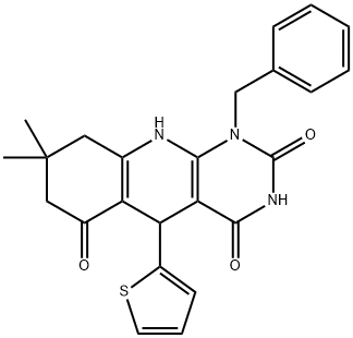 1-benzyl-8,8-dimethyl-5-(thiophen-2-yl)-5,8,9,10-tetrahydropyrimido[4,5-b]quinoline-2,4,6(1H,3H,7H)-trione Structure