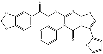 2-((2-(benzo[d][1,3]dioxol-5-yl)-2-oxoethyl)thio)-5-(furan-2-yl)-3-phenylthieno[2,3-d]pyrimidin-4(3H)-one Struktur
