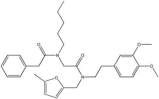 N-[2-(3,4-dimethoxyphenyl)ethyl]-N-[(5-methyl-2-furyl)methyl]-2-[pentyl-(2-phenylacetyl)amino]acetamide 化学構造式