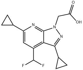 2-[3,6-Dicyclopropyl-4-(difluoromethyl)pyrazolo[3,4-b]pyridin-1-yl]acetic acid Struktur