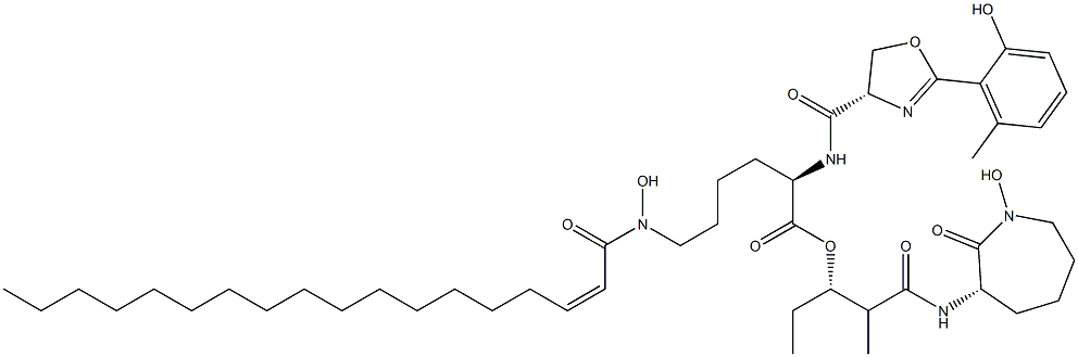 L-Lysine,N2-[[(4S)-4,5-dihydro-2-(2-hydroxy-6-methylphenyl)-4-oxazolyl]carbonyl]-N6-hydroxy-N6-[(2Z)-1-oxo-2-octadecen-1-yl]-,(1S,2R)-1-ethyl-3-[[(3S)-hexahydro-1-hydroxy-2-oxo-1H-azepin-3-yl]amino]-2-methyl-3-oxopropylester Structure