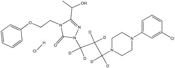 2-[3-[4-(3-chlorophenyl)piperazin-1-yl]-1,1,2,2,3,3-hexadeuteriopropyl]-5-(1-hydroxyethyl)-4-(2-phenoxyethyl)-1,2,4-triazol-3-one:hydrochloride Struktur