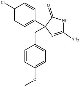 2-amino-5-(4-chlorophenyl)-5-[(4-methoxyphenyl)methyl]-4,5-dihydro-1H-imidazol-4-one Struktur