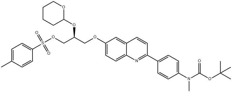 Carbamic acid, N-methyl-N-[4-[6-[(2S)-3-[[(4-methylphenyl)sulfonyl]oxy]-2-[(tetrahydro-2H-pyran-2-yl)oxy]propoxy]-2-quinolinyl]phenyl]-, 1,1-dimethylethyl ester,1707147-16-7,结构式