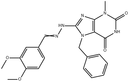 (E)-7-benzyl-8-(2-(3,4-dimethoxybenzylidene)hydrazinyl)-3-methyl-3,7-dihydro-1H-purine-2,6-dione,303969-91-7,结构式