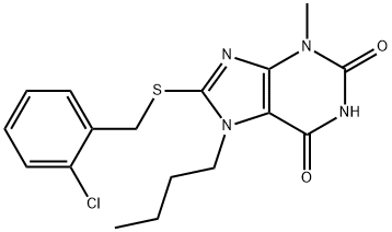 7-butyl-8-((2-chlorobenzyl)thio)-3-methyl-3,7-dihydro-1H-purine-2,6-dione,332103-34-1,结构式