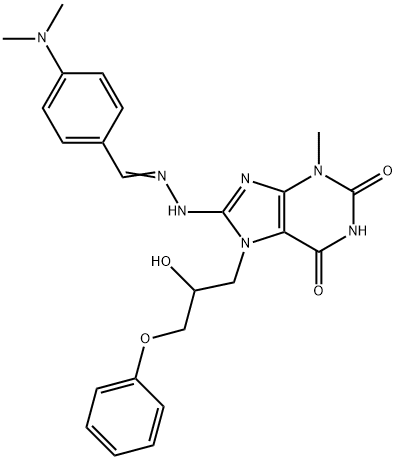 (E)-8-(2-(4-(dimethylamino)benzylidene)hydrazinyl)-7-(2-hydroxy-3-phenoxypropyl)-3-methyl-3,7-dihydro-1H-purine-2,6-dione,374910-54-0,结构式