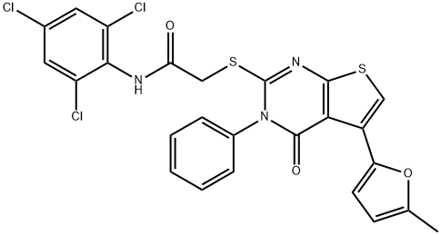 2-((5-(5-methylfuran-2-yl)-4-oxo-3-phenyl-3,4-dihydrothieno[2,3-d]pyrimidin-2-yl)thio)-N-(2,4,6-trichlorophenyl)acetamide Structure