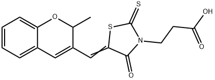 (Z)-3-(5-((2-methyl-2H-chromen-3-yl)methylene)-4-oxo-2-thioxothiazolidin-3-yl)propanoic acid Struktur