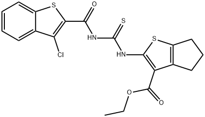 ethyl 2-(3-(3-chlorobenzo[b]thiophene-2-carbonyl)thioureido)-5,6-dihydro-4H-cyclopenta[b]thiophene-3-carboxylate 结构式