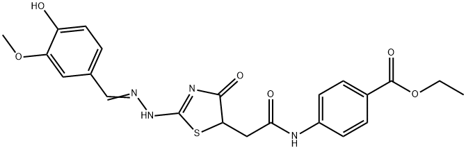 ethyl 4-(2-((E)-2-(((E)-4-hydroxy-3-methoxybenzylidene)hydrazono)-4-oxothiazolidin-5-yl)acetamido)benzoate Struktur