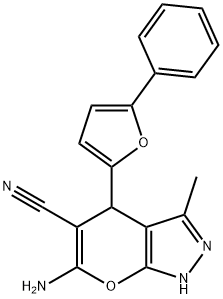 6-amino-3-methyl-4-(5-phenylfuran-2-yl)-1,4-dihydropyrano[2,3-c]pyrazole-5-carbonitrile Structure