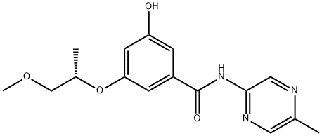 3-hydroxy-5-{[(1S)-1-methyl-2-(methyloxy)ethyl]oxy}-N-(5-methylpyrazin-2-yl)benzamide Struktur