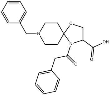 8-ベンジル-4-(2-フェニルアセチル)-1-オキサ-4,8-ジアザスピロ[4.5]デカン-3-カルボン酸 化学構造式