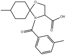 8-methyl-4-(3-methylbenzoyl)-1-oxa-4-azaspiro[4.5]decane-3-carboxylic acid Struktur