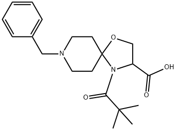 8-ベンジル-4-(2,2-ジメチルプロパノイル)-1-オキサ-4,8-ジアザスピロ[4.5]デカン-3-カルボン酸 化学構造式