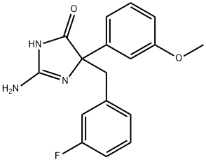 2-amino-5-[(3-fluorophenyl)methyl]-5-(3-methoxyphenyl)-4,5-dihydro-1H-imidazol-4-one Struktur
