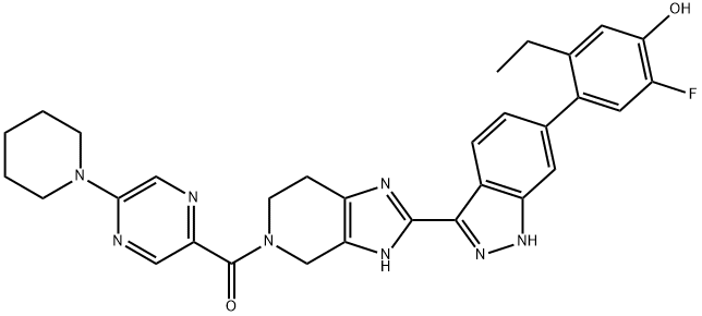 (2-(6-(2-ETHYL-5-FLUORO-4-HYDROXYPHENYL)-1H-INDAZOL-3-YL)-3,4,6,7-TETRAHYDRO-5H-IMIDAZO[4,5-C]PYRIDIN-5-YL)(5-(PIPERIDIN-1-YL)PYRAZIN-2-YL)METHANONE 化学構造式