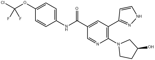 N-[4-(chlorodifluoromethoxy)phenyl]-6-[(3S)-3-hydroxypyrrolidin-1-yl]-5-(1H-pyrazol-3-yl)pyridine-3-carboxamide, 1492952-73-4, 结构式