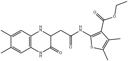 ethyl 2-(2-(6,7-dimethyl-3-oxo-1,2,3,4-tetrahydroquinoxalin-2-yl)acetamido)-4,5-dimethylthiophene-3-carboxylate Struktur