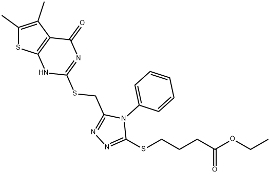 ethyl 4-((5-(((5,6-dimethyl-4-oxo-3,4-dihydrothieno[2,3-d]pyrimidin-2-yl)thio)methyl)-4-phenyl-4H-1,2,4-triazol-3-yl)thio)butanoate Struktur