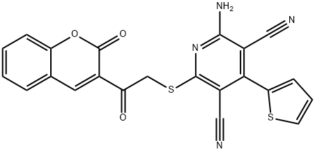 2-amino-6-((2-oxo-2-(2-oxo-2H-chromen-3-yl)ethyl)thio)-4-(thiophen-2-yl)pyridine-3,5-dicarbonitrile 结构式