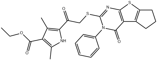 ethyl 2,4-dimethyl-5-(2-((4-oxo-3-phenyl-3,5,6,7-tetrahydro-4H-cyclopenta[4,5]thieno[2,3-d]pyrimidin-2-yl)thio)acetyl)-1H-pyrrole-3-carboxylate Structure